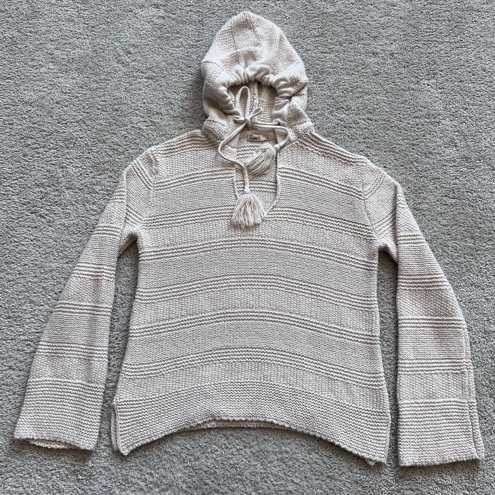 Faherty Poppy Hoodie Knit Sweater Womens S Beige Striped Cotton Pullover